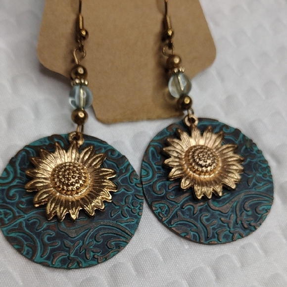 Gold and Turquoise Blue Sunflower Earrings - Picture 3 of 4